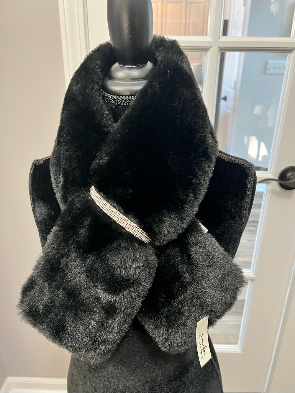 Black Faux Fur Wrap Scarf with Rhinestone Detail